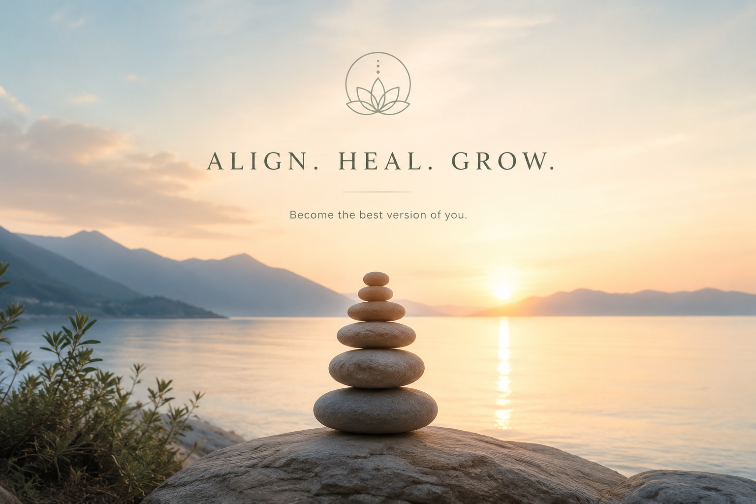 A tranquil lakeside sunset with stacked balancing stones